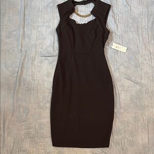 NWT BISOU BISOU 4 black fitted midi sleeveless dress with gold neck piece